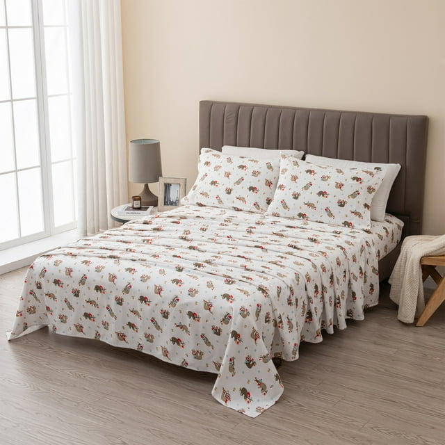 Linery & Co.  Christmas Turkish Cotton Double-Brushed Flannel Bed Sheet Set Sloth Full Cotton,Flannel Graphic Print Fully Elasticized Fitted Sheet