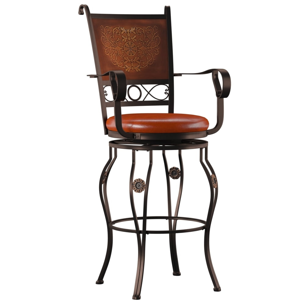 Powell Beatrix Big & Tall 30" High Back Indoor Copper Stamped Round Metal Bar Stool wth Swivel, Bronze/Warm Rust Faux Leather