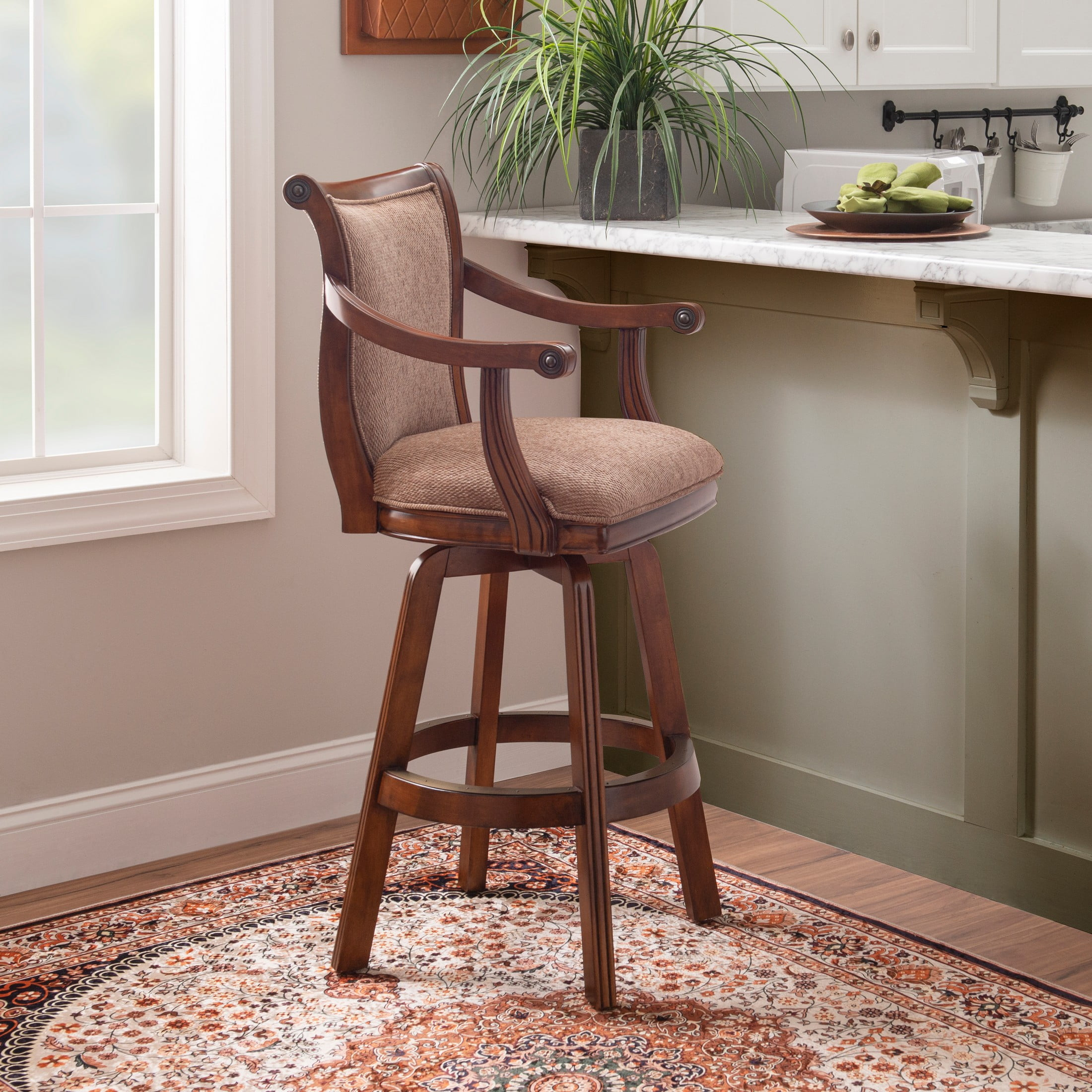 Linon Brandon Upholstered 30" Wood Swivel Bar Stool with Arms in Warm Cherry