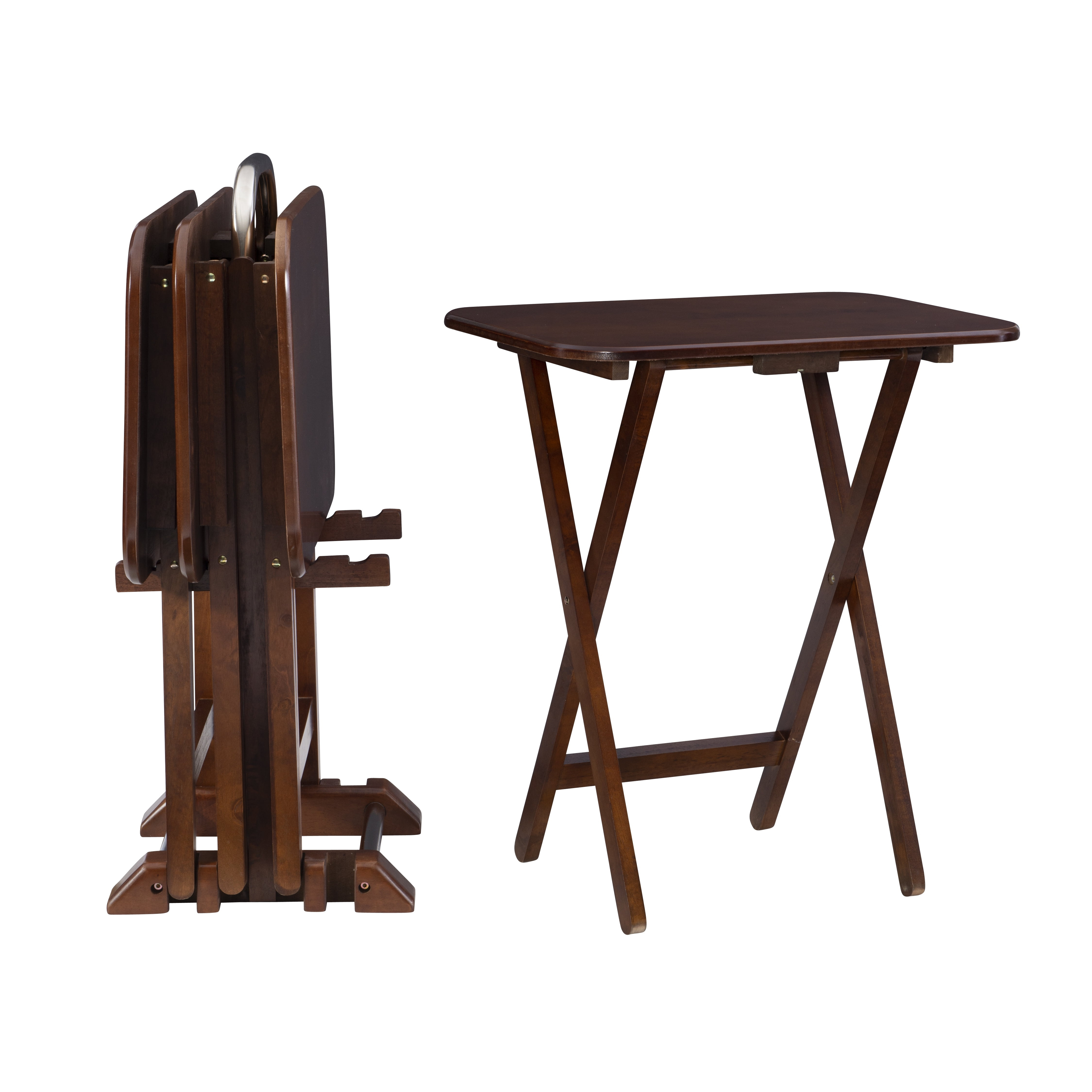 Linon Burke Wood 5 Piece Oversized Tray Table Set Chrome Handle in Dark Cherry