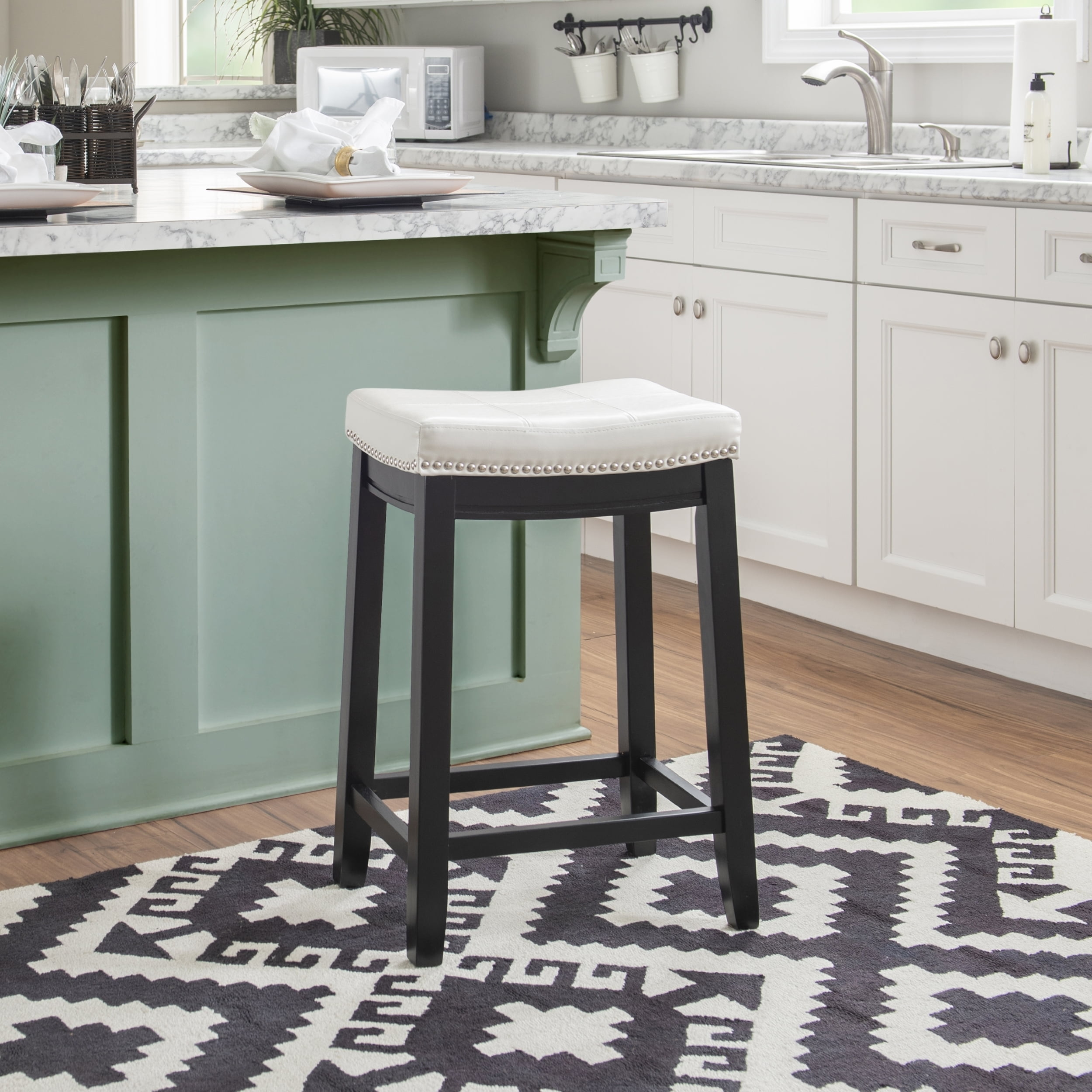 Linon Claridge Backless Counter Stool White Faux Leather Wood Frame in Black