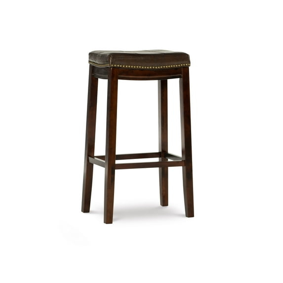 Linon Claridge Backless Wood Bar Stool, 32" Seat Height, Dark Brown Finish with Brown Faux Leather Fabric