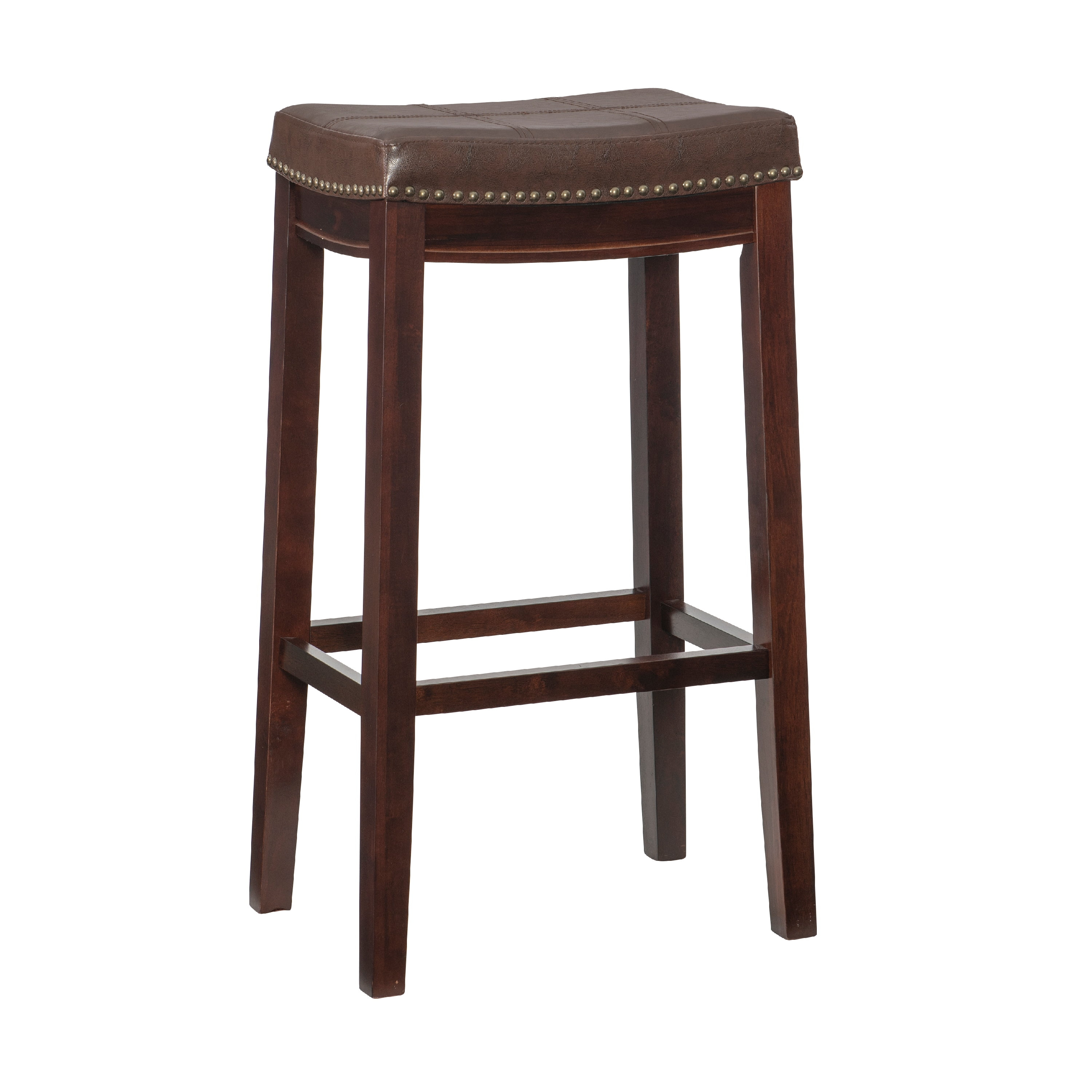 Linon Claridge Backless Wood Bar Stool, 32" Seat Height, Dark Brown Finish with Brown Faux Leather Fabric