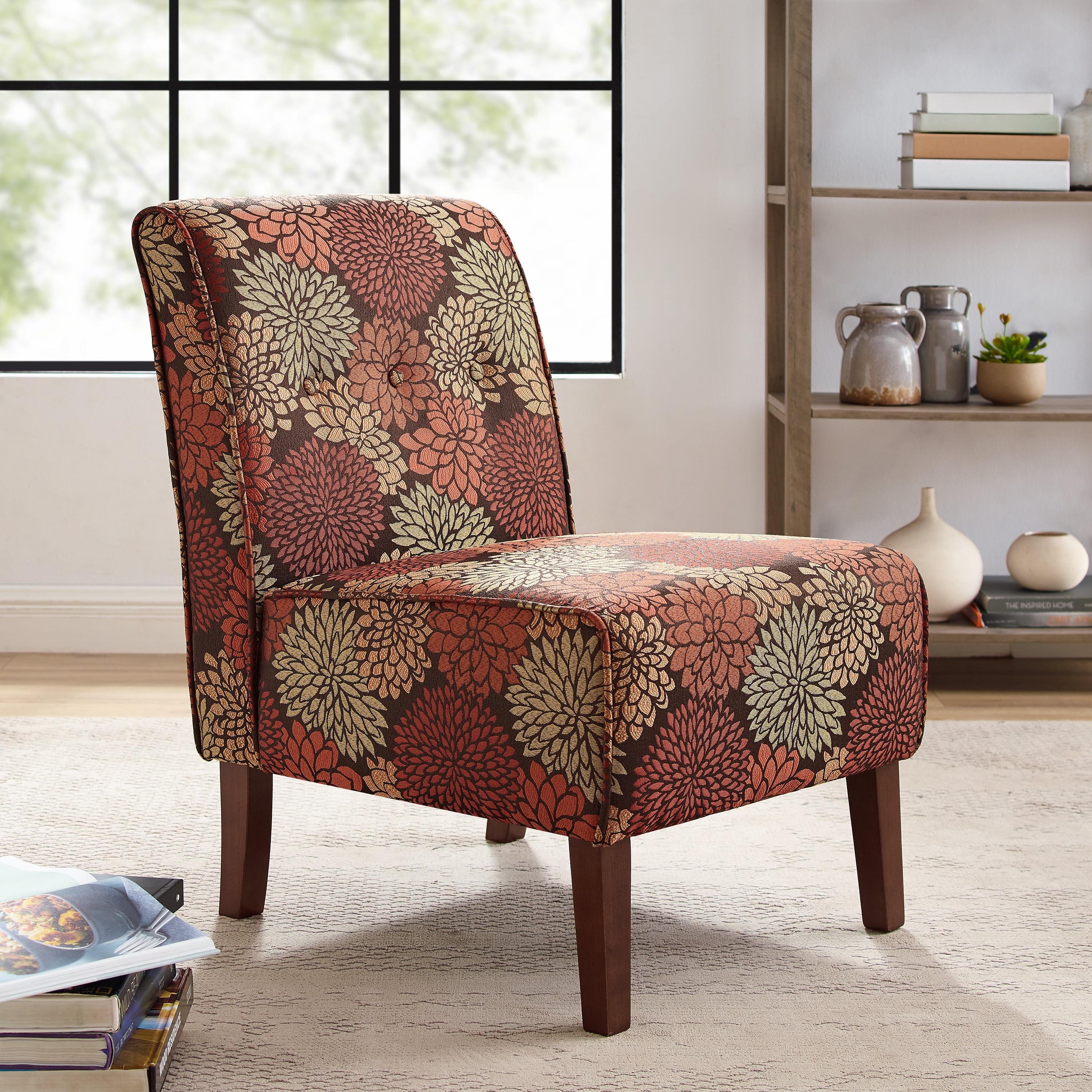 Linon Coco Harvest Upholstered Tufted Accent Chair in Rust/Orange Floral Fabric