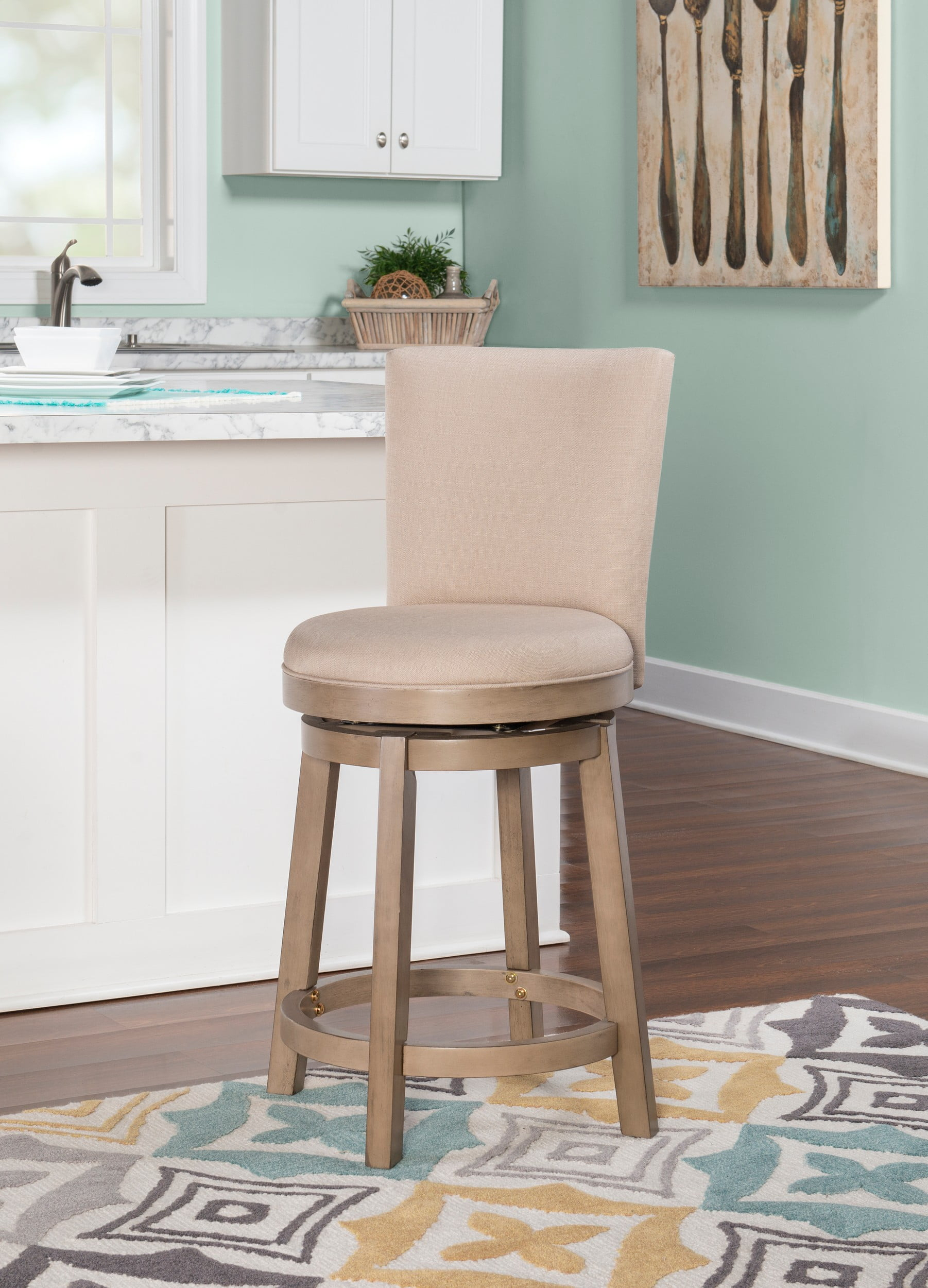 Linon Davis Counter Stool Wood Legs Upholstered Back & Swivel Seat in Taupe