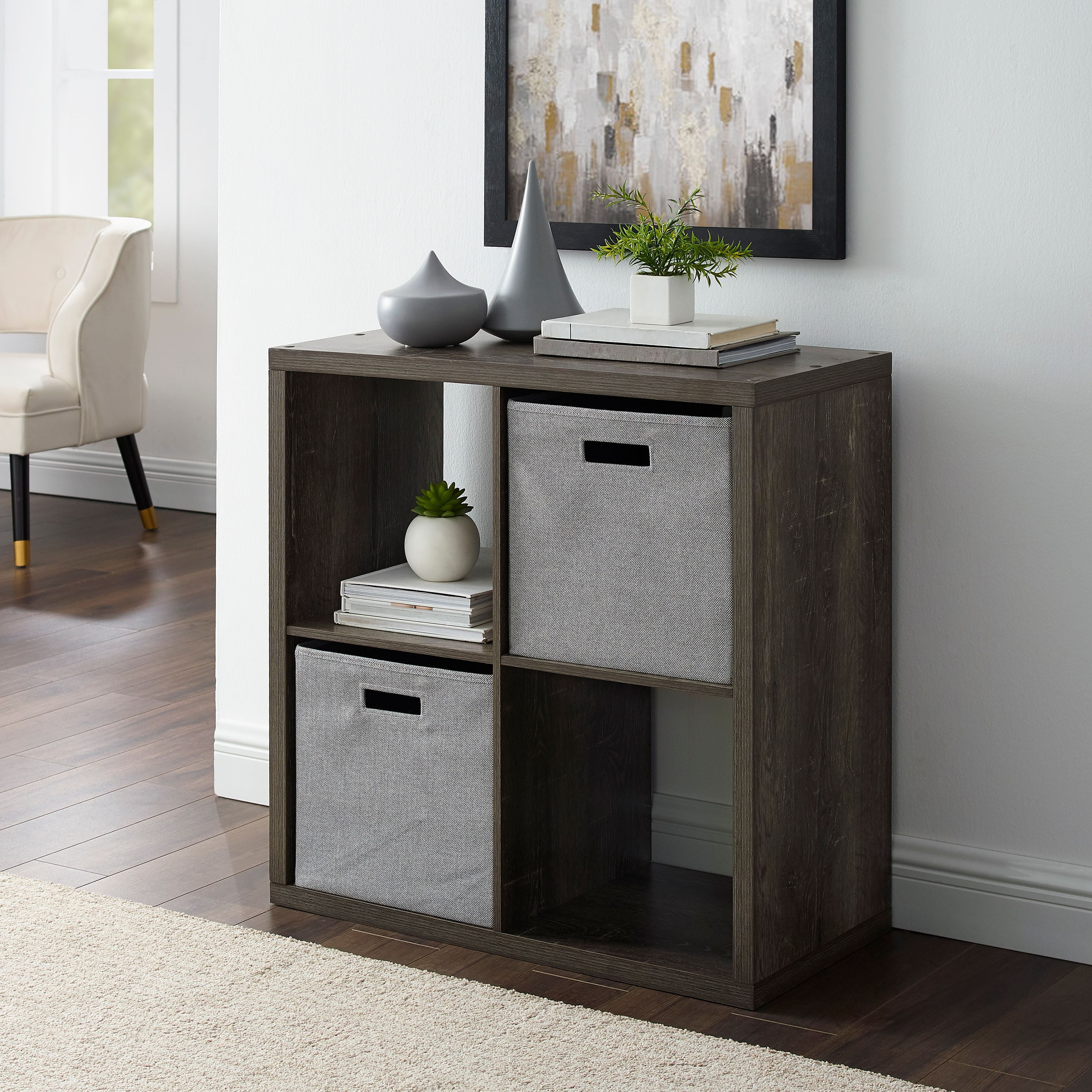 Linon Home Decor  30 x 30.08 x 14.57 in. Galli 4 Cubby Storage Cabinet, Gray