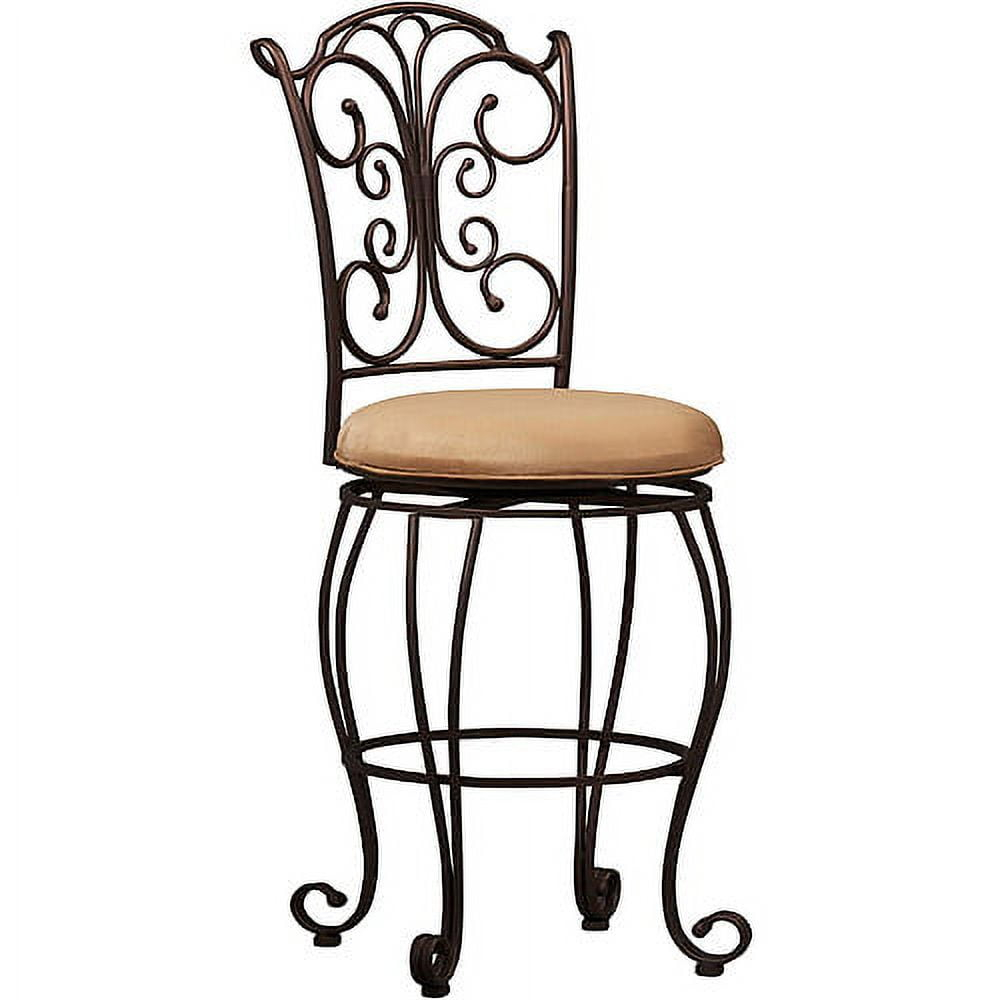 Linon Gathered Back Counter Stool, Brown, 24 inch Seat Height, Light Brown with Caramel Fabric
