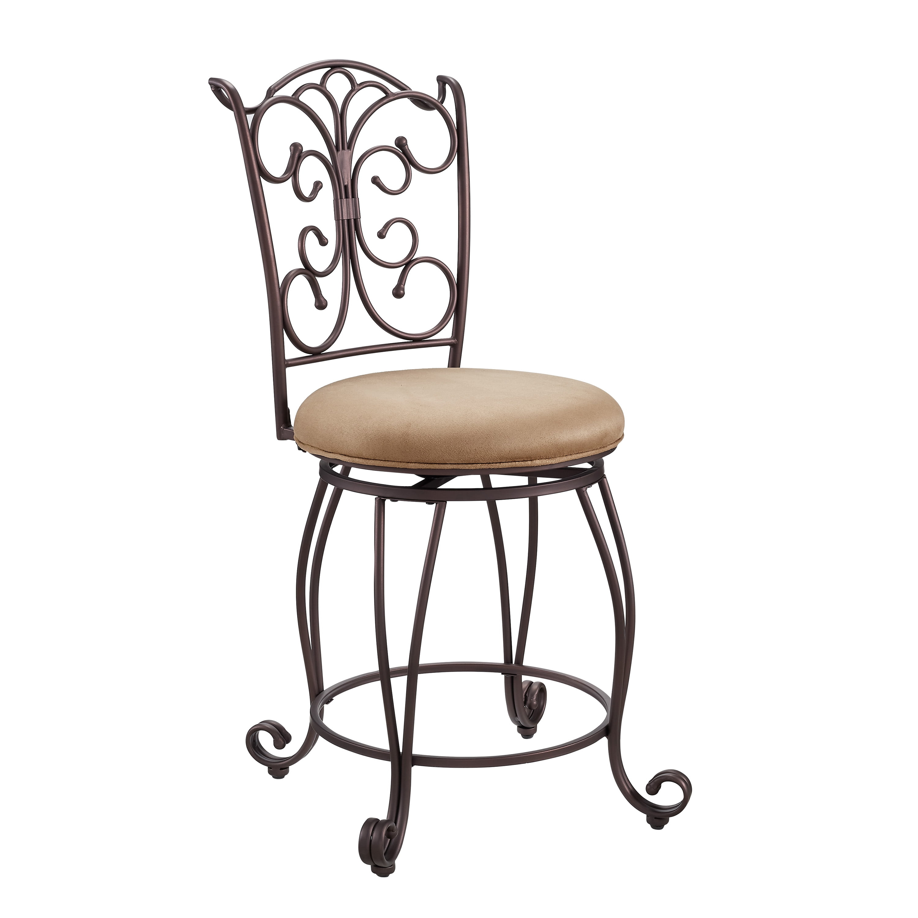 Linon Gathered Back Counter Stool, Brown, 24 inch Seat Height, Light Brown with Caramel Fabric