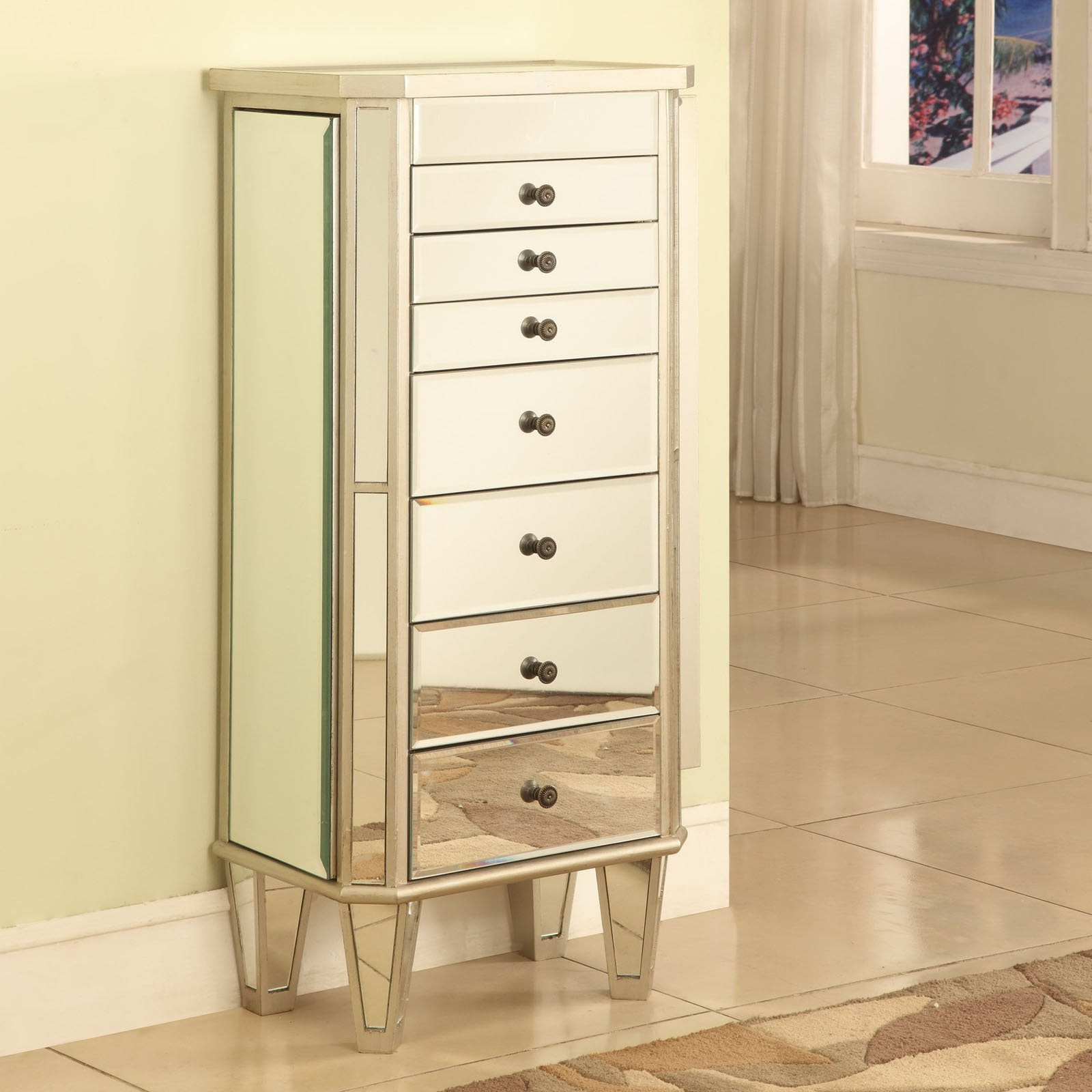 Linon Mason Mirrored 7 Drawer Flip Top Side Storage Jewelry Armoire in Silver