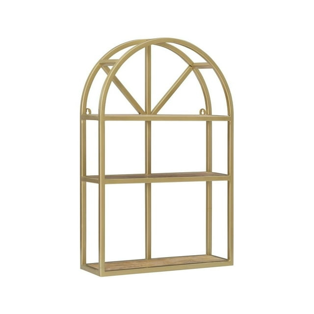 Metal and Wood Wall Shelves in Gold and Natural