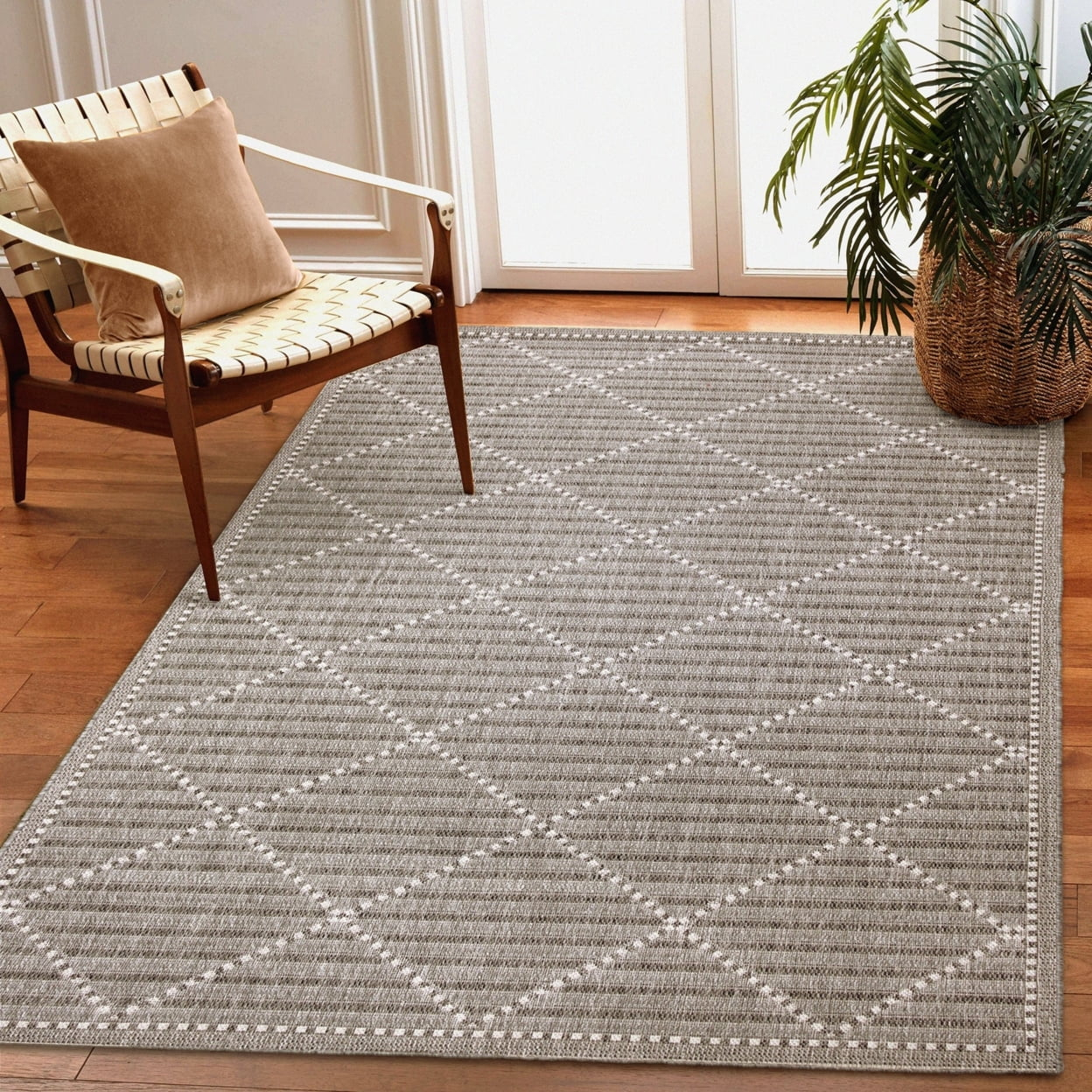 Liora Manne  Malibu Checker Diamond Indoor/Outdoor Rug Charcoal 1'11" x 7'6" 0.25 - 0.5 inch 8' Runner Runner, Outdoor, Indoor Ivory, Grey Runner,