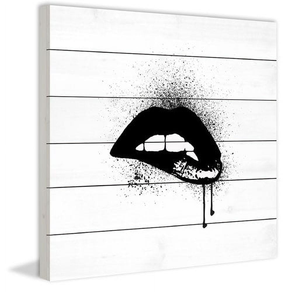 "Lips Black Paint" Painting Print on White Wood