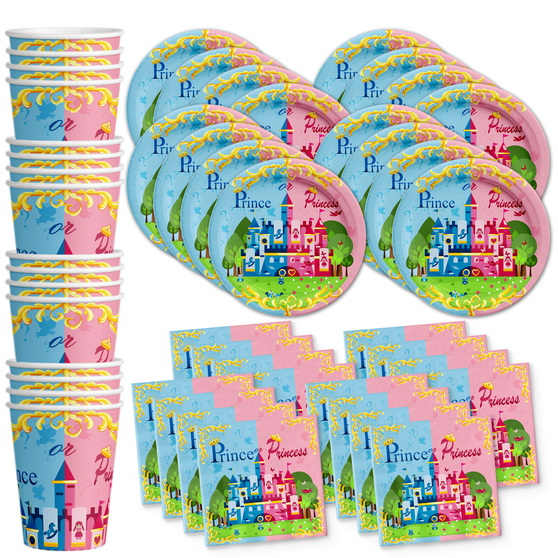 Little Prince or Princess Baby Gender Reveal Party Supplies Set Plates Napkins Cups Tableware Kit for 16