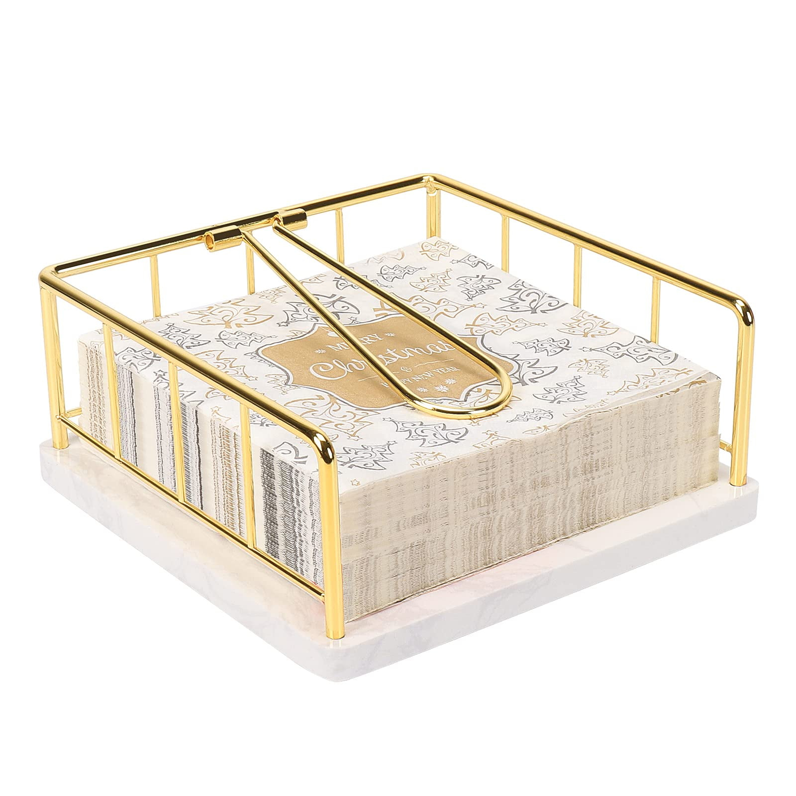 Livabber Flat Napkin Holder, Metal Kitchen Napkin Holder with Weighted Tension Arm Rustic Tissue Paper Dispenser for Countertop, Table Kitchen, Dining Room (With Marble Base, Gold)