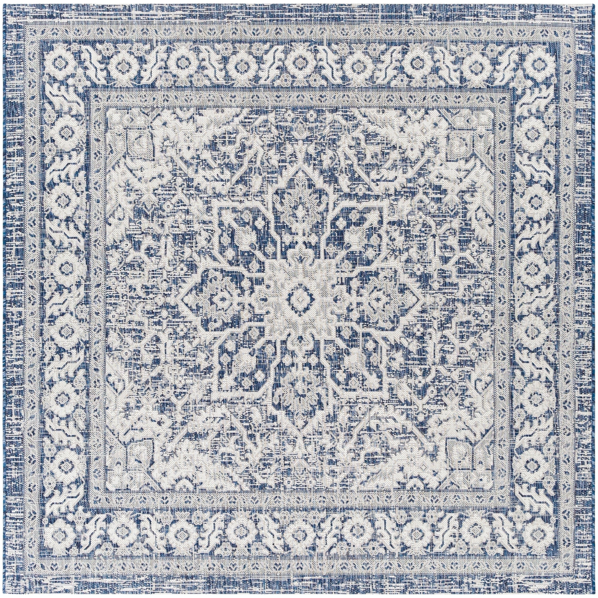 Livabliss Outdoor Rugs, 7ft Round Eagean Traditional Blue Square Area Rug for Patio, Porch, Deck, Backyard, Waterproof Indoor Outdoor Carpet (6'7" x 6'7")