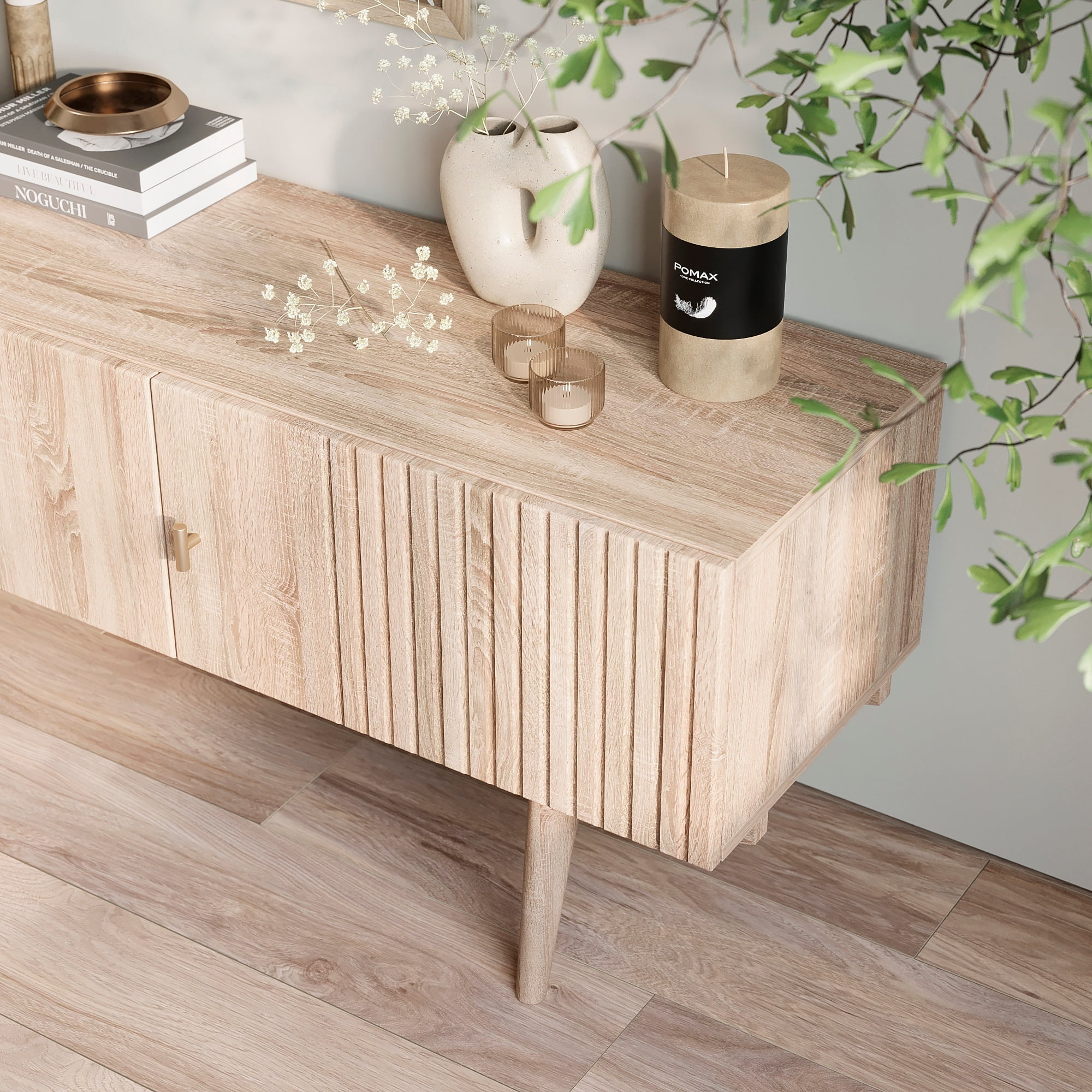 Living Skog  Chelsea Brown TV Stand Fits for TV's up to 65 in. with Slatted Design and Wood Legs Beige Matte Laminate, MDF