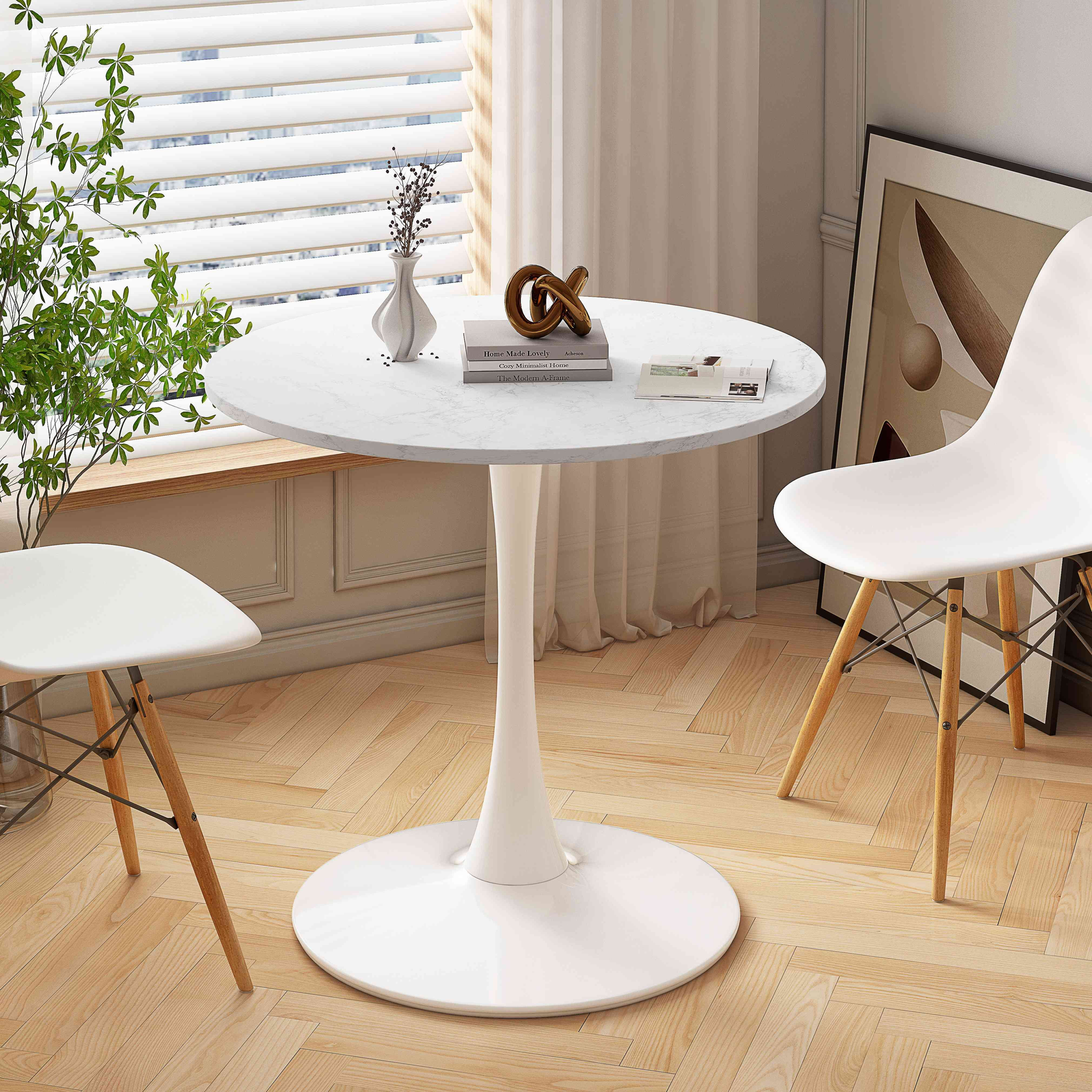 32" Round Coffee Table, Accent Table with MDF Table Top, Metal Base, Modern Side End Table for Dining Room, Kitchen, Living Room, White.