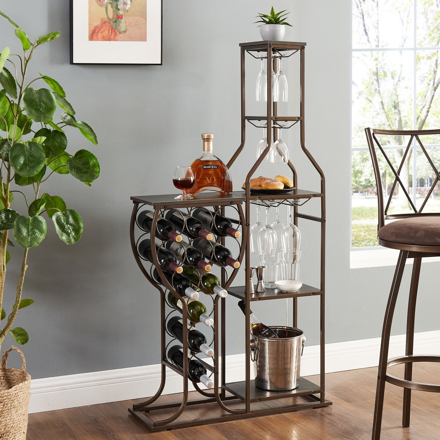 LoLado 11 Bottle Wine Bakers Rack, 5 Tier Freestanding Wine Rack with Hanging Wine Glass Holder and Storage Shelves, Wine Storage Home Bar for Liquor and Wine Storagefor Kitchen, Dining Room, Brown