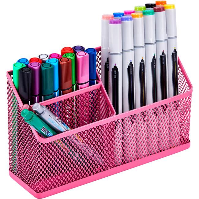 LockerMate Magnetic Pencil Holder, Locker Organizer with 3 Mesh Storage Compartments, Pink