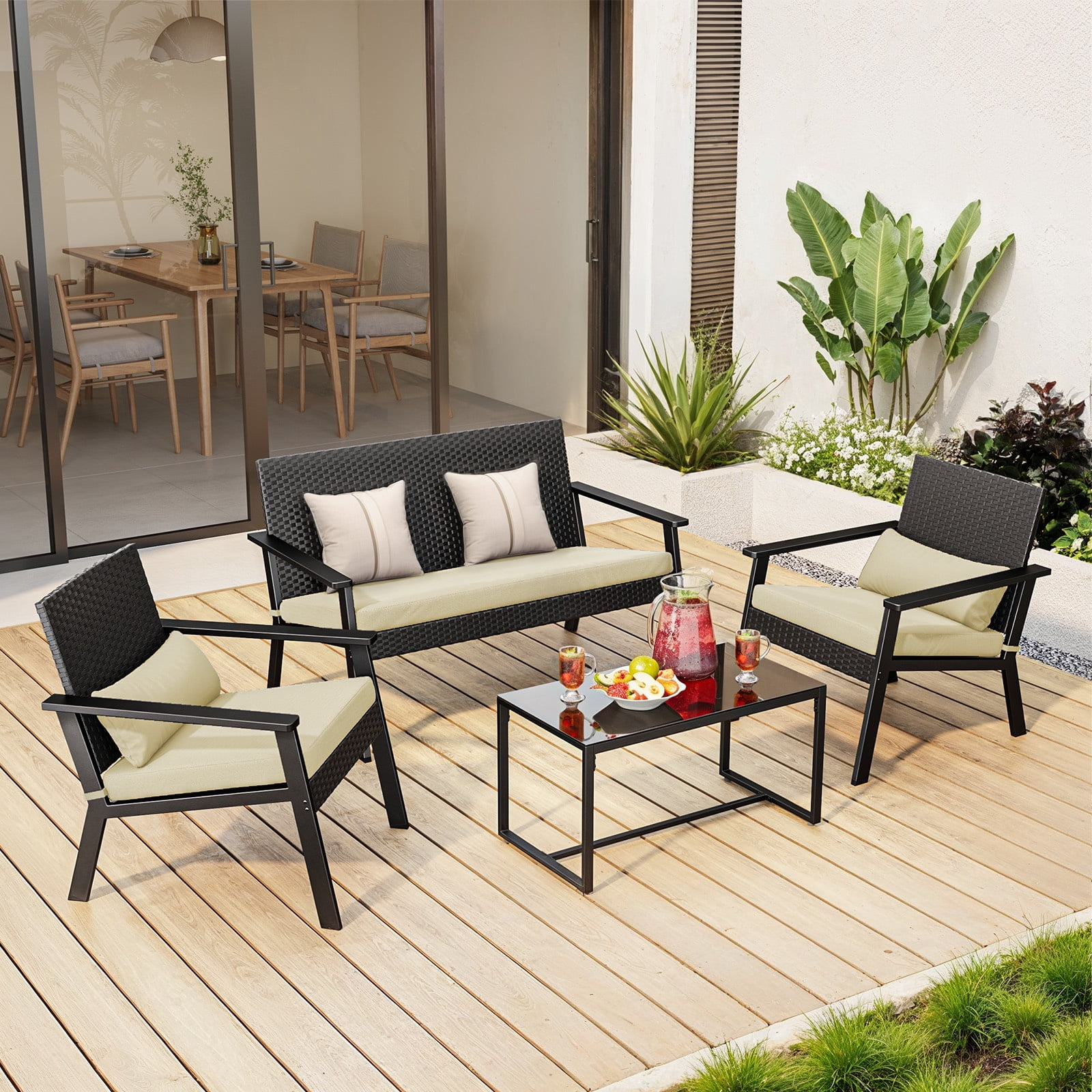 Patio Conversation Sets for 4, Lofka 4 Pieces Patio Furniture Sets with Rocking Bistro Fabric chairs, Garden Loveseat, Glass Coffee Table for Backyard, Poolside, Porch, Lawn, Black