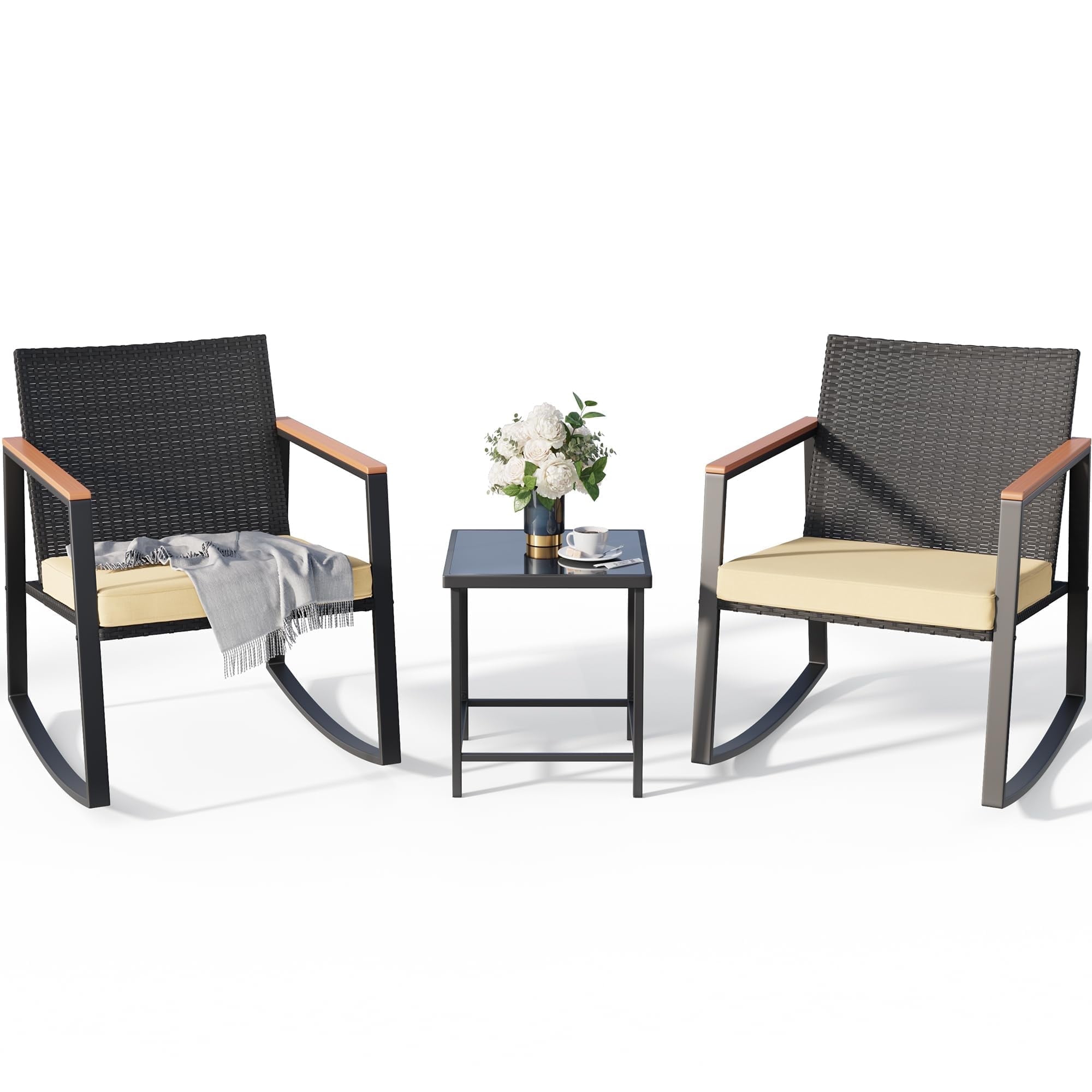 Lofka Patio Furniture Set with Tea Table 3 Pieces Outdoor Wicker Rocking Chairs Set for Porch & Garden, Beige Cushion