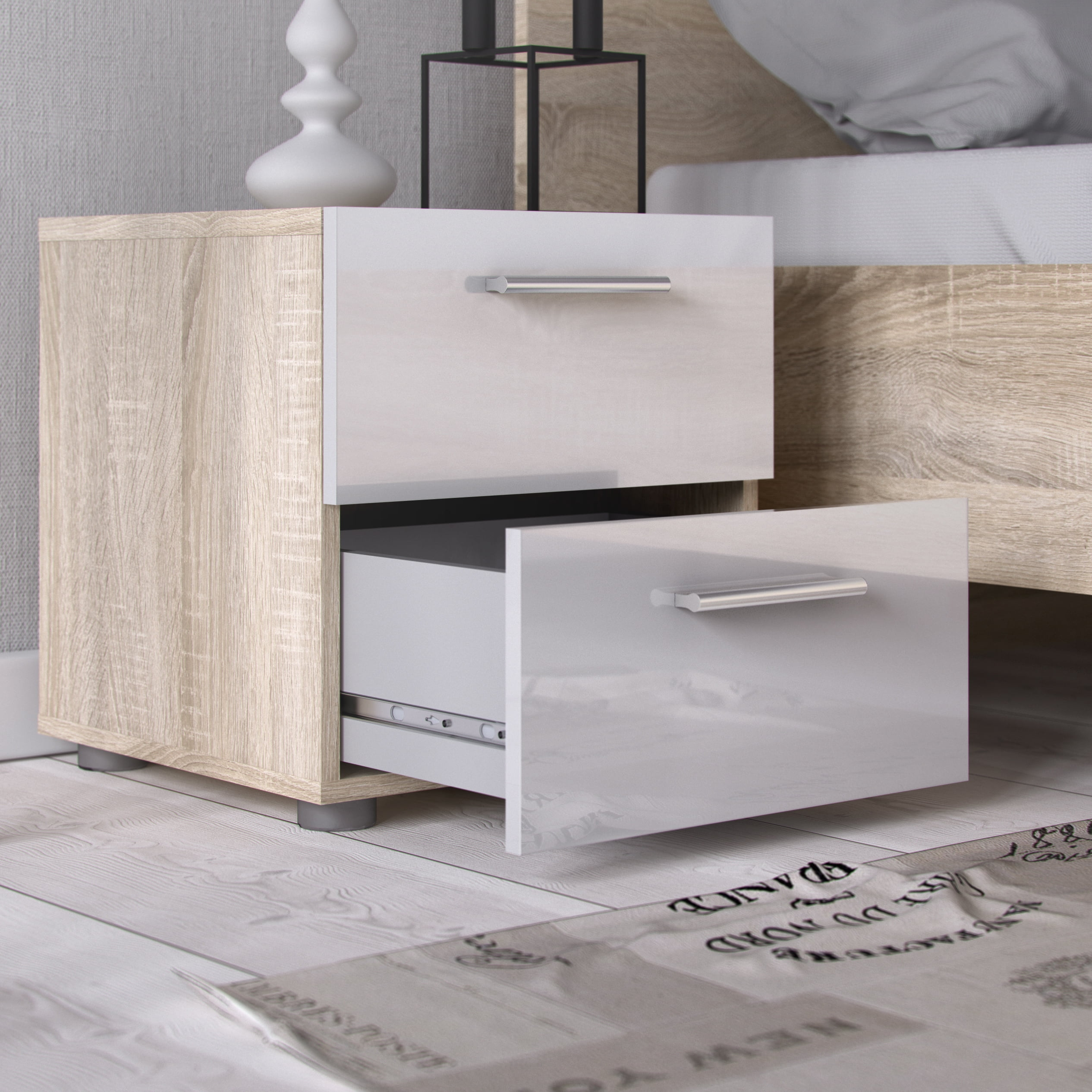 Tvilum, Austin 2 Drawer Nightstand, Oak Structure/White High Gloss