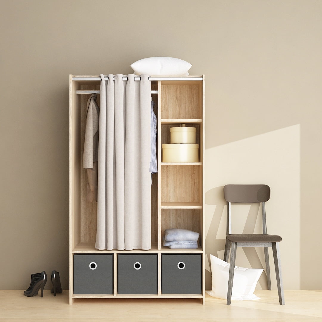 Tvilum,Lola 3 Bin Wardrobe with Curtain, Oak Structure/Natural Fabric/Grey Textile