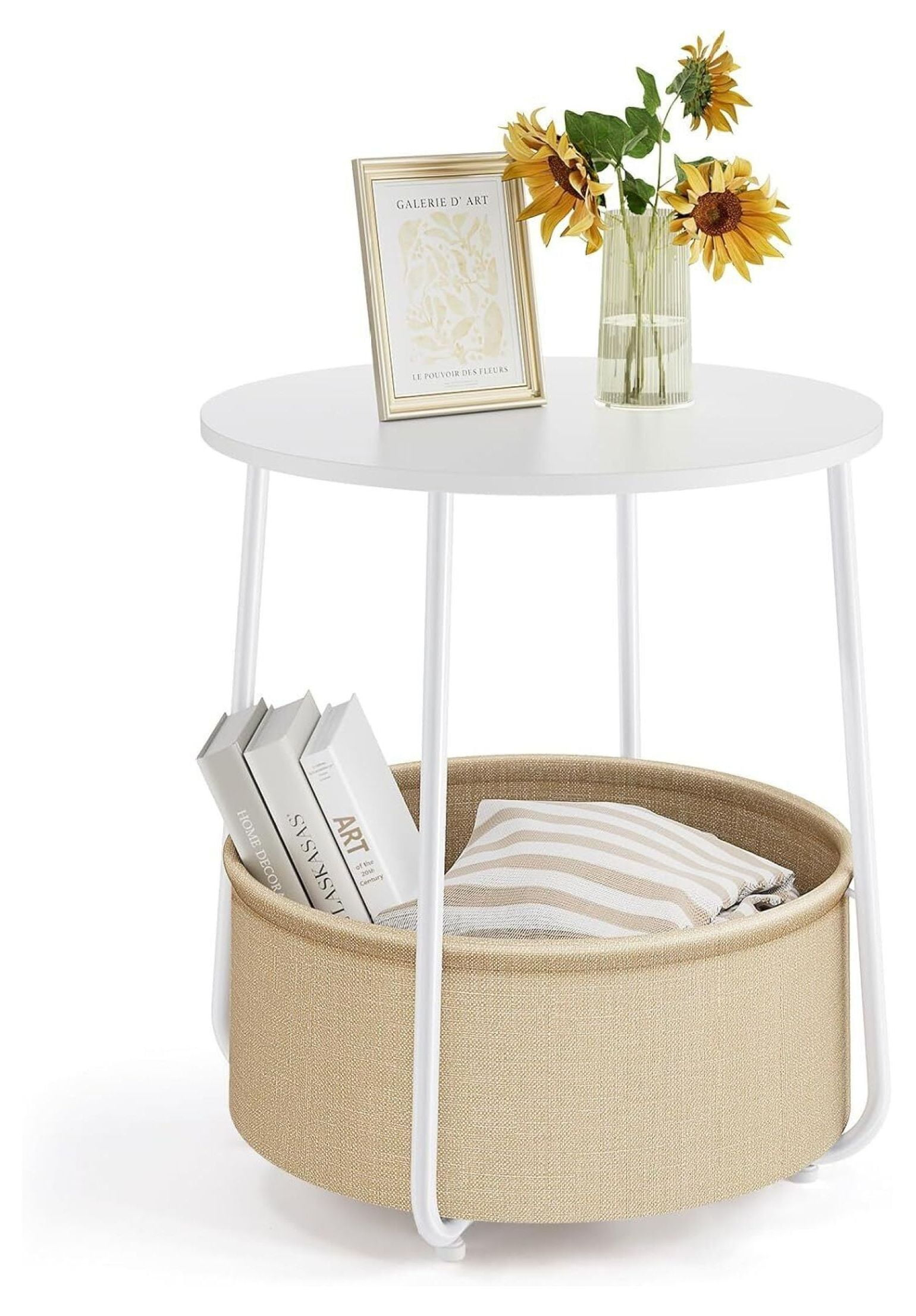 Lorelia Small Round Side End Table Living Room Nightstand Bedside Fabric Baske Table