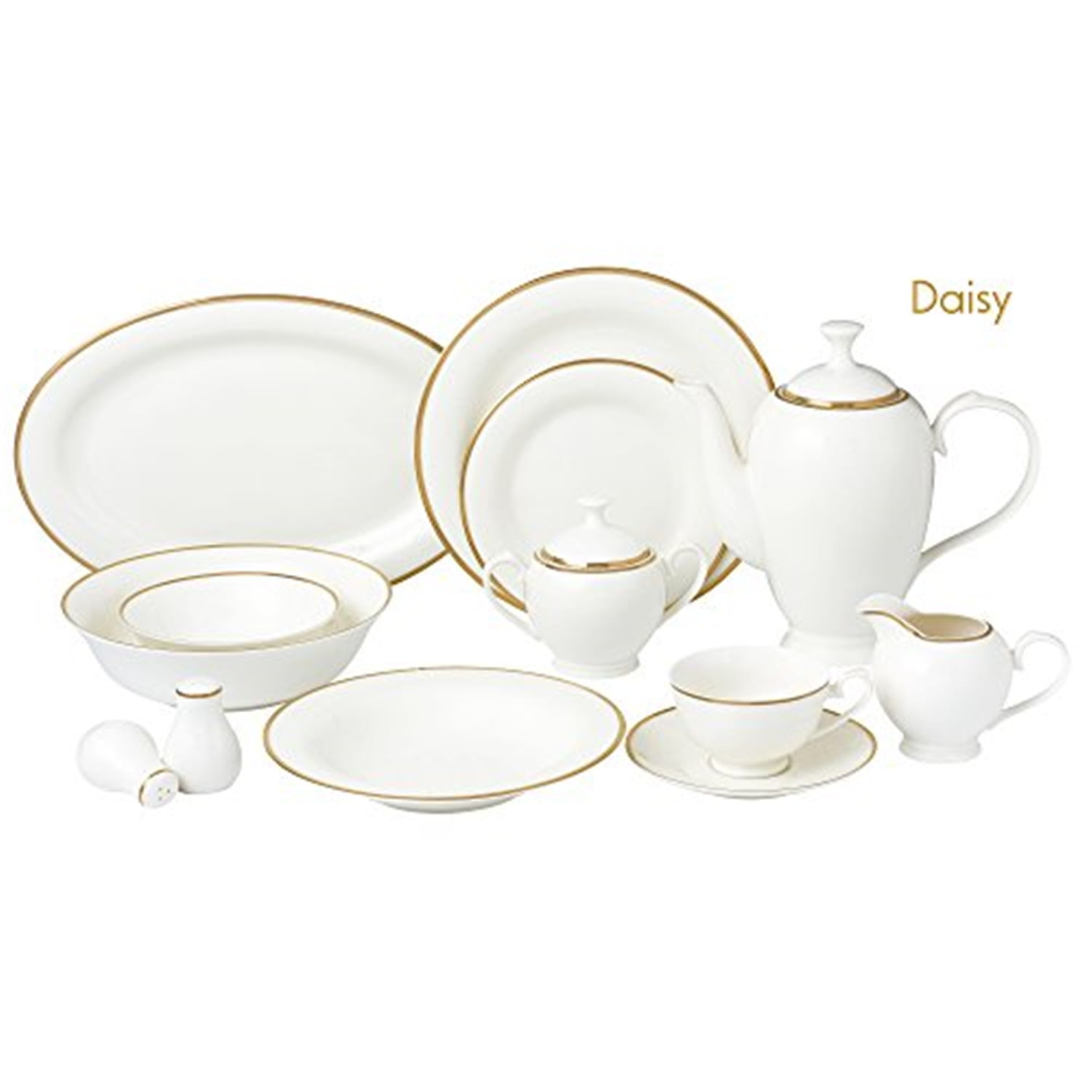 Lorren Home Trends Daisy-57 57 Piece Dinnerware Set-Bone China Service for 8 People-Daisy, One Size, White