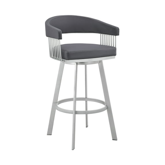 Luci 25 Inch Counter Height Stool, Swivel, Vegan Faux Leather, Gray, Silver - Saltoro Sherpi