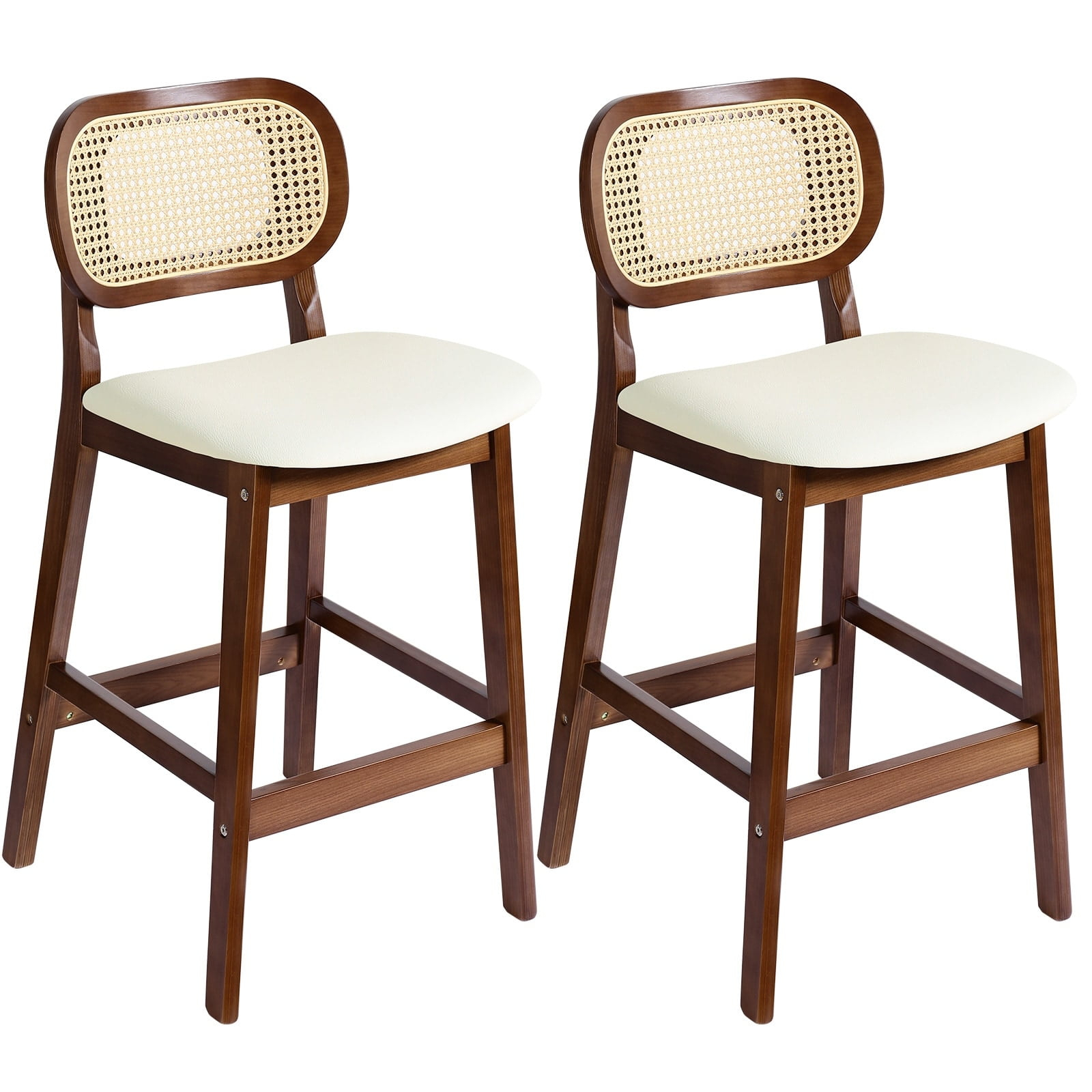 Lucky Monet Wood Upholstered Counter Height Bar Stools with Rattan Back - 36.81"H x 17.72"W x 18.7"D Set of 2 - White Faux Leather/ Brown Frame