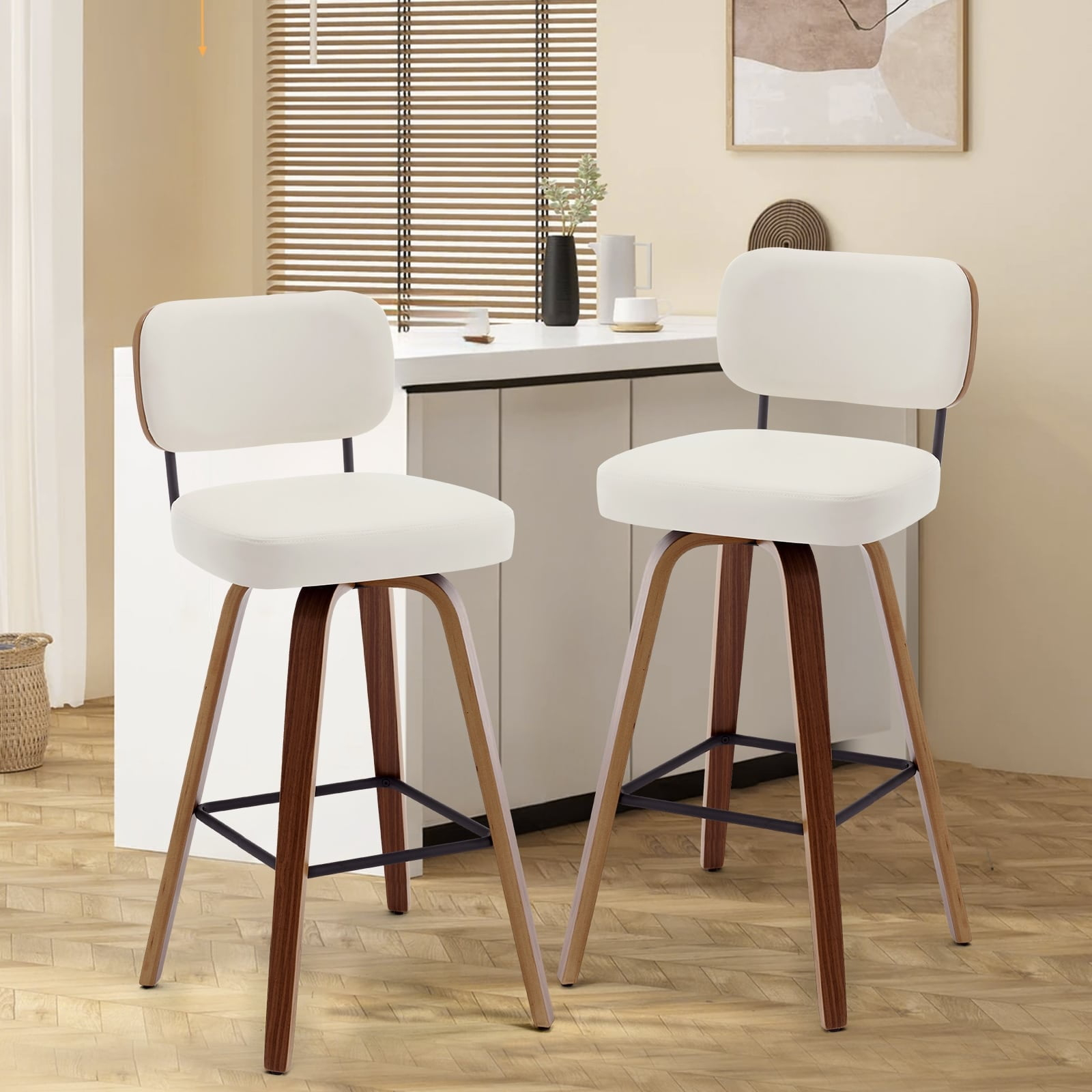 Lucky Monet 26"/29" Swivel Bar Stools/ Counter Stools with Bentwood Legs Set of 2 - Cream White-PU Back - Bar Height