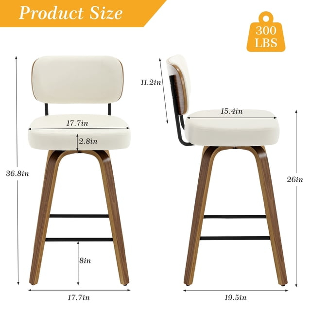 Lucky Monet 26"/29" Swivel Bar Stools/ Counter Stools with Bentwood Legs Set of 2 - Cream White-PU Back - Counter Height