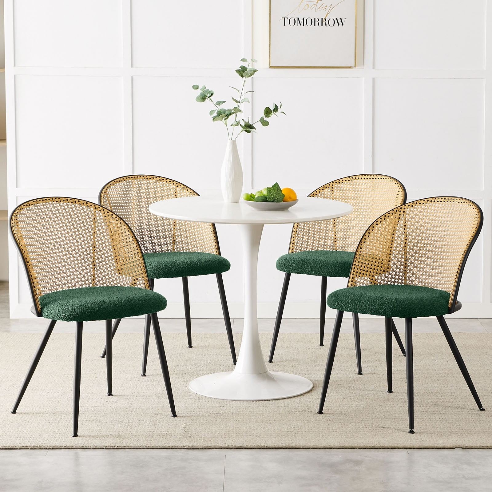 Lucky Monet Modern Upholstered Rattan Dining Chairs Set of 2/4 Set of 4 - Fabric-Green-Natural Back