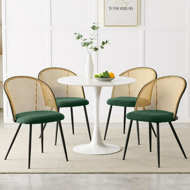 Lucky Monet Modern Upholstered Rattan Dining Chairs Set of 2/4 Set of 4 - Fabric-Green-Natural Back