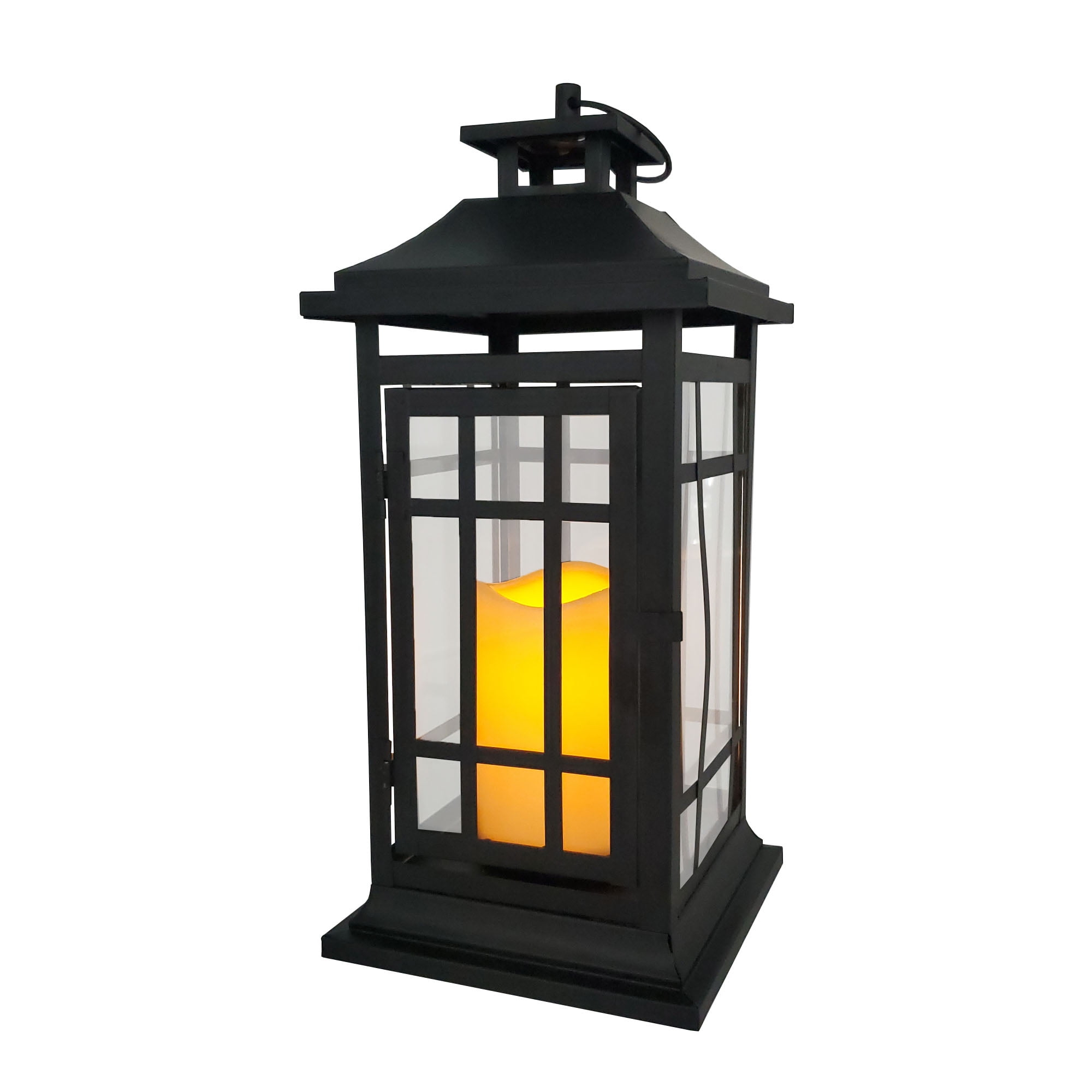LumaBase Battery Operated Metal Lantern with LED Candle - Black Window (14 inches)