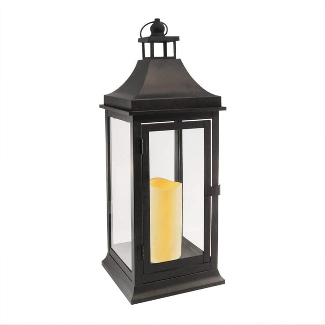 LumaBase Metal Lantern with Battery Operated Candle - Black (Tall)