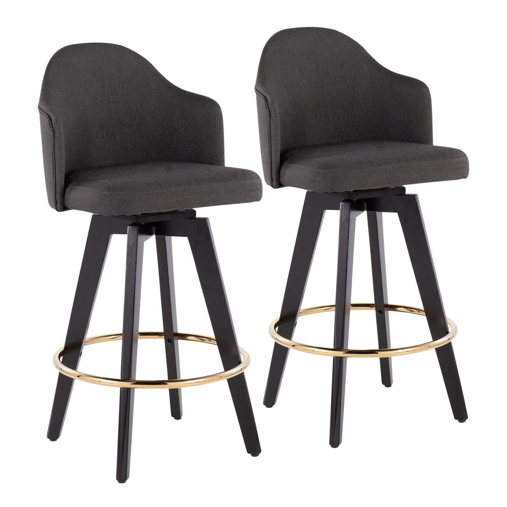 LumiSource Black Wood, Gold Metal, Charcoal Fabric Ahoy 26" Counter Stool - Set of 2