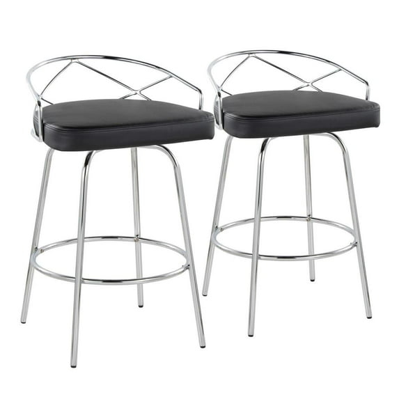 LumiSource Chrome Metal, Black PU Charlotte Glam 26" Fixed-Height Counter Stool - Set of 2