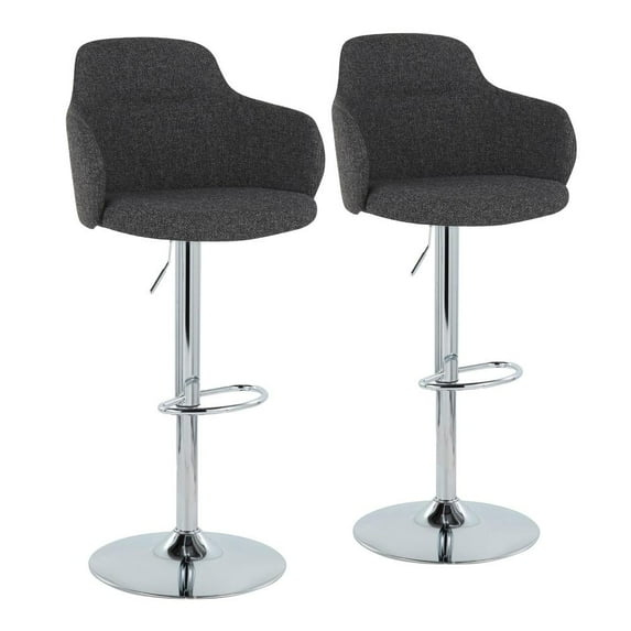 LumiSource Chrome Metal, Dark Grey Noise Fabric Boyne Adjustable Barstool - Set of 2