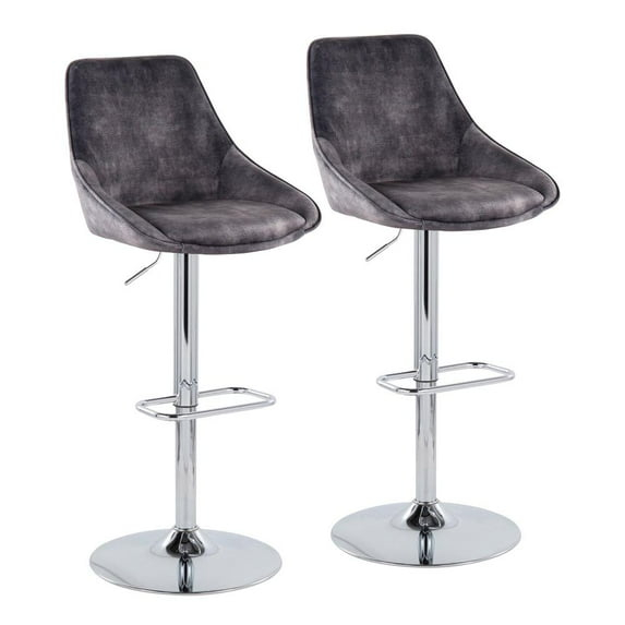 LumiSource Chrome Metal, Grey Velvet Diana Adjustable Barstool - Set of 2