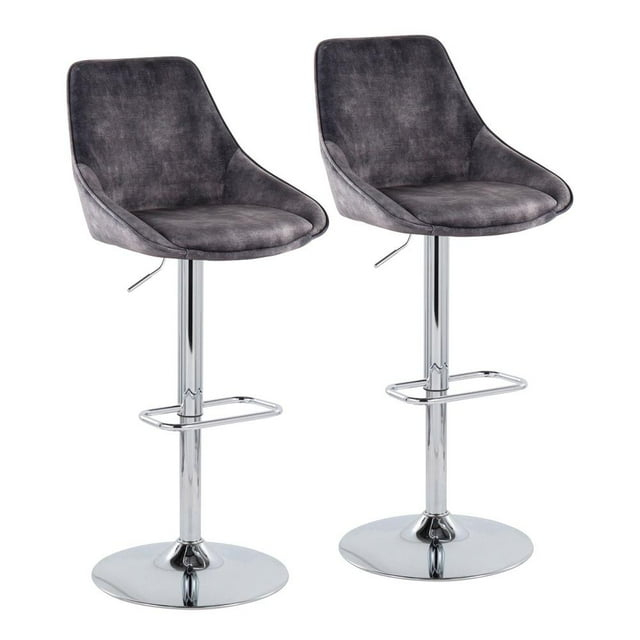 LumiSource Chrome Metal, Grey Velvet Diana Adjustable Barstool - Set of 2