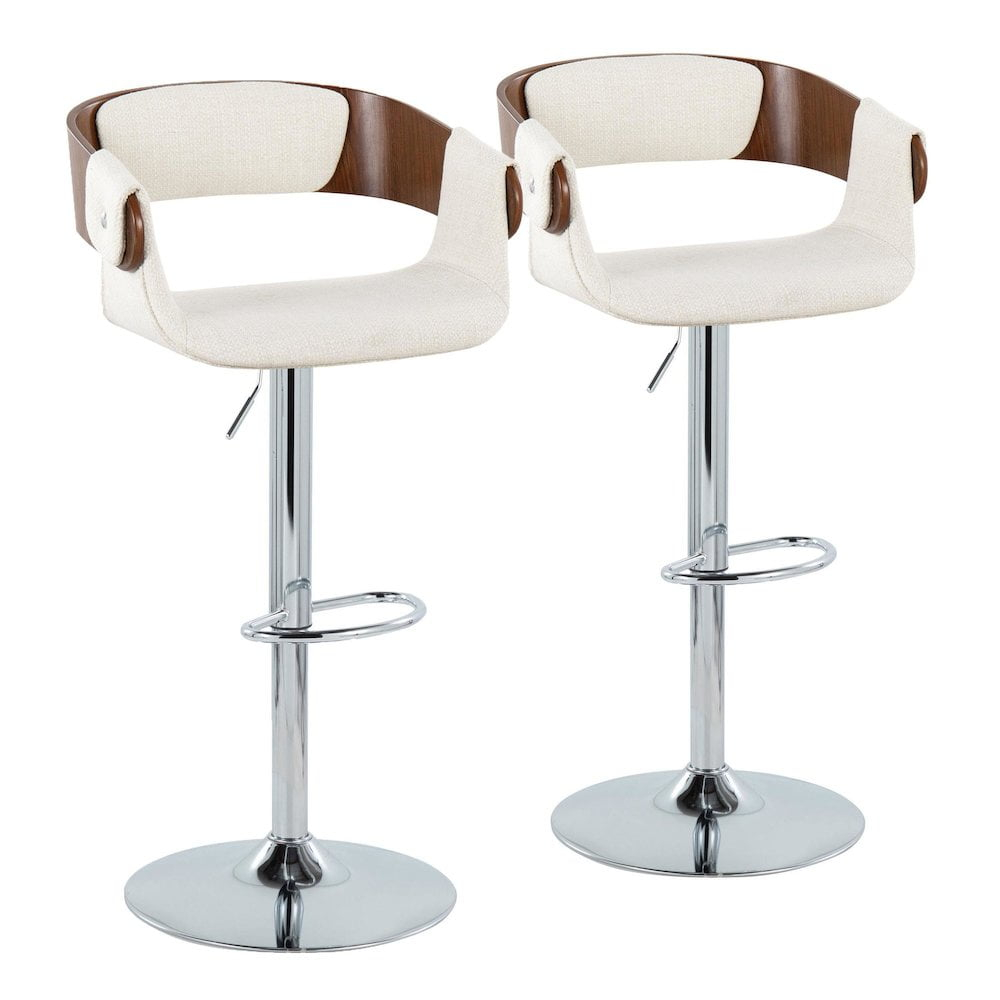 LumiSource Chrome Metal, Walnut Wood, Cream Fabric Elisa Adjustable Barstool - Set of 2