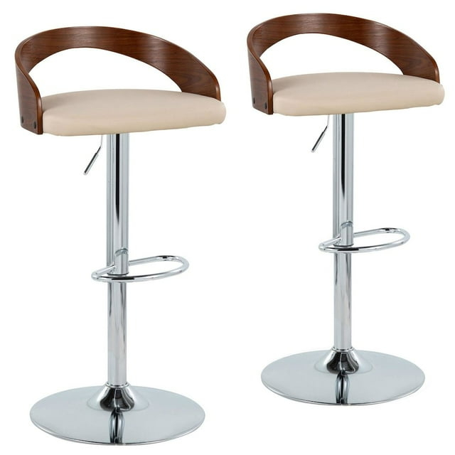 LumiSource Chrome Metal, Walnut Wood, Cream PU Grotto Adjustable Height Barstool - Set of 2