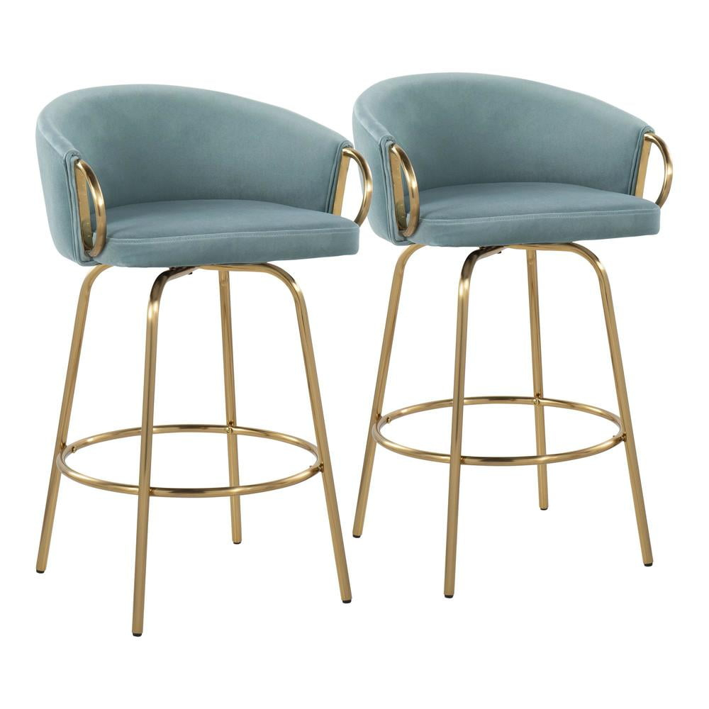 LumiSource Gold Steel, Light Blue Velvet Claire 26" Fixed Height Counter Stool - Set of 2