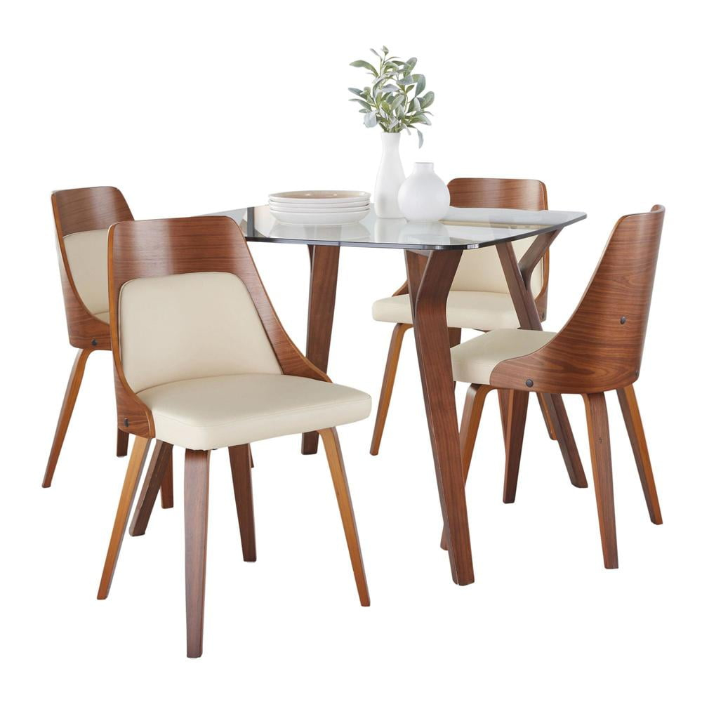 LumiSource Clear Glass, Walnut Wood, Cream PU Folia-Anabelle Square Dining Set - 5 Piece
