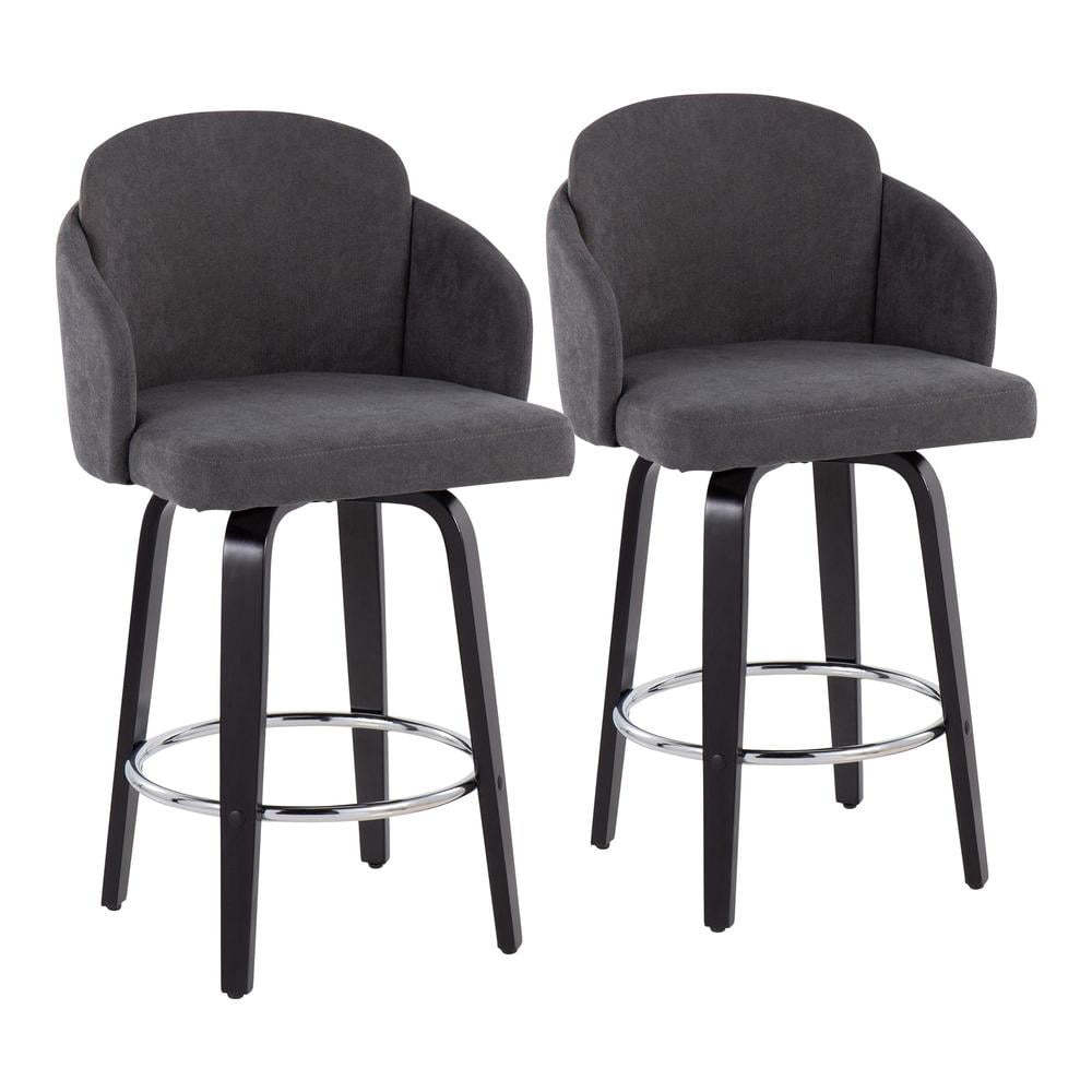 LumiSource Black Wood, Grey Fabric, Chrome Dahlia Counter Stool - Set of 2