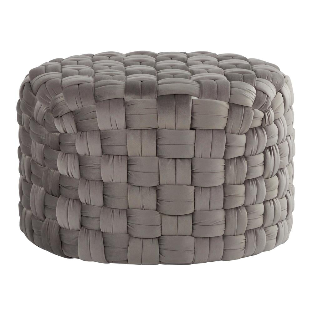 LumiSource Dark Grey Velvet Braided Round 24" Ottoman