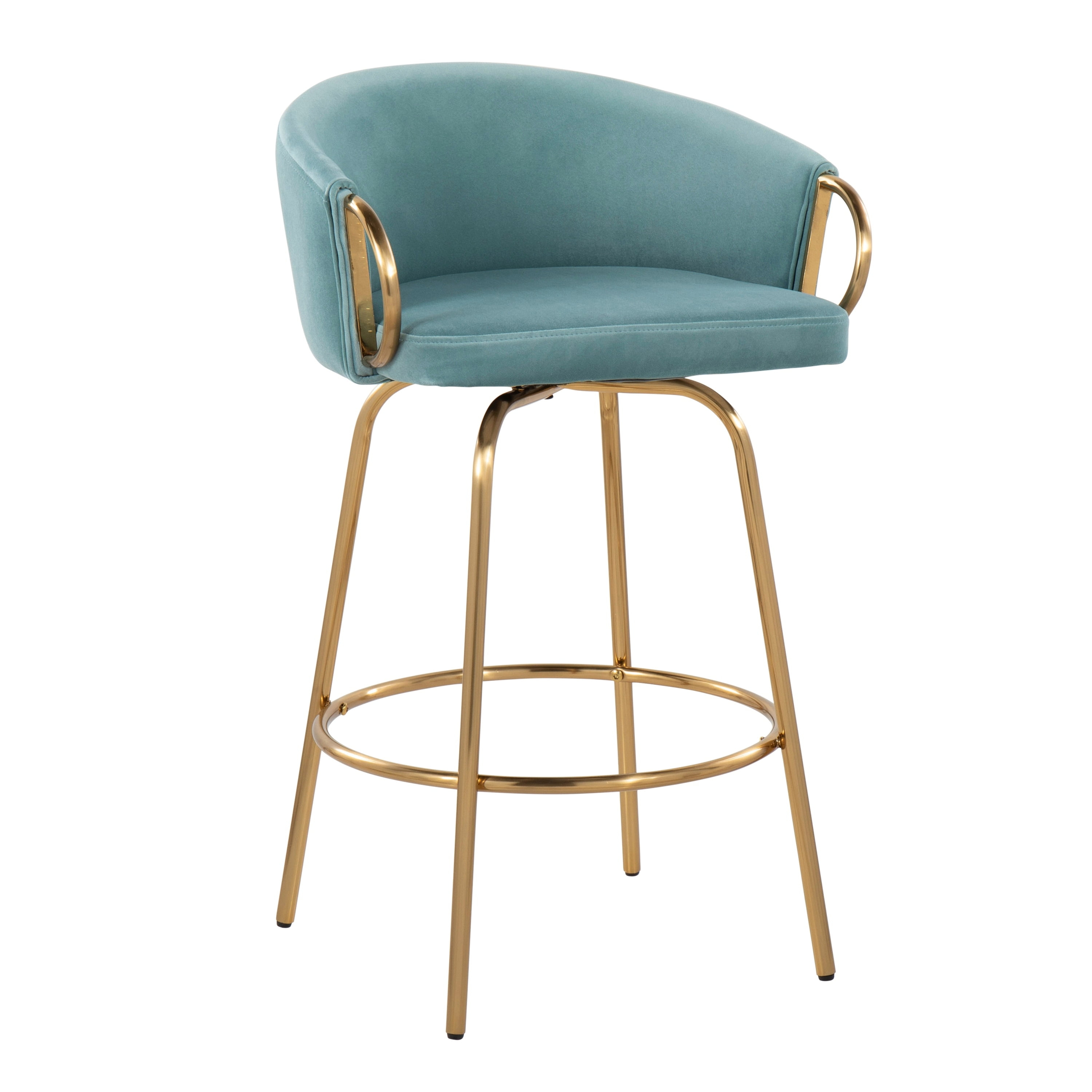 LumiSource Gold Steel, Light Blue Velvet Claire 26" Fixed Height Counter Stool - Set of 2