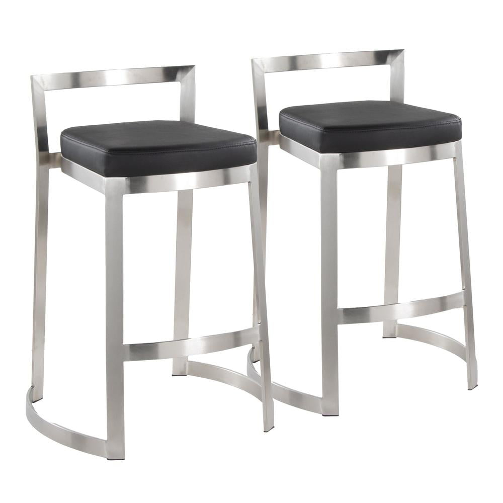 LumiSource Stainless Steel, Black PU Fuji DLX Counter Stool - Set of 2